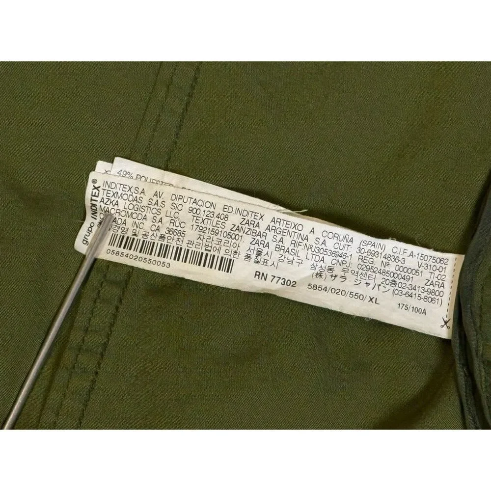 Zara Basic Ladies XL Green Military Jacket Snap Front Pockets Faux Hood‎ Zip